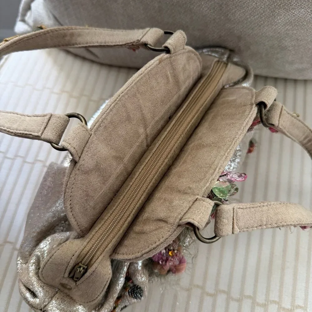 Mary Frances Vintage Embroidered Floral Beaded Handbag Metallic Gold/silver